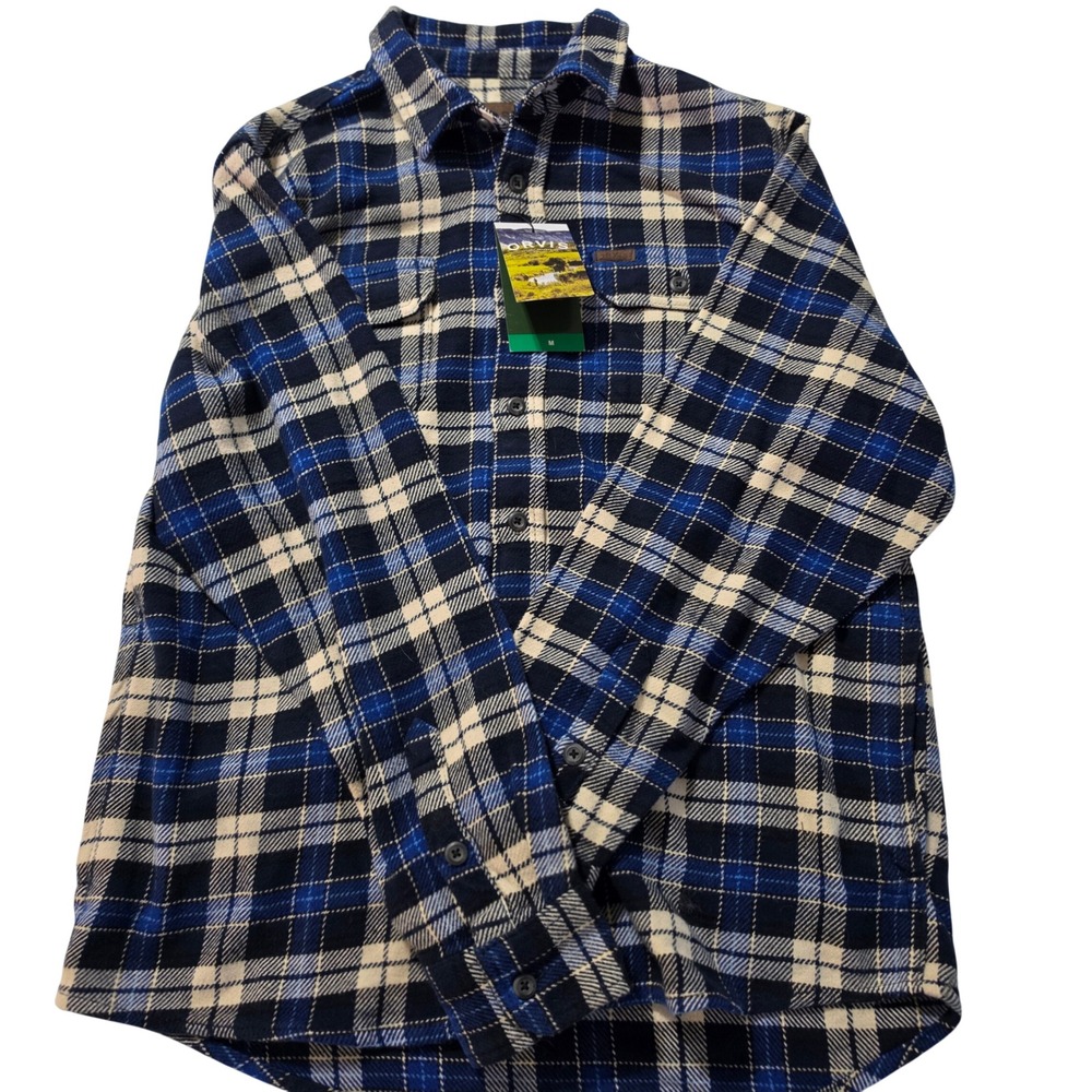 Orvis Mens Flannel Shirt Blue Cream Plaid Long Sleeve Button Down Size M NWT